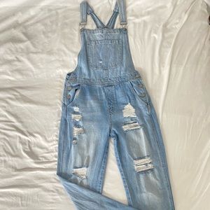 Gently worn distressed straight leg denim overalls